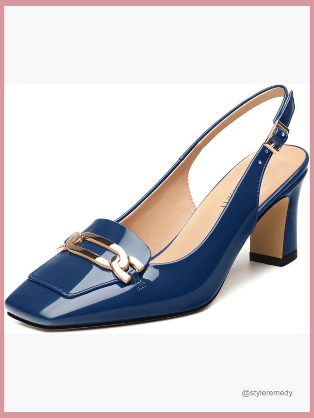 Patent Leather Slingback Pumps Chunky Block Heels Square Closed Toe Strappy